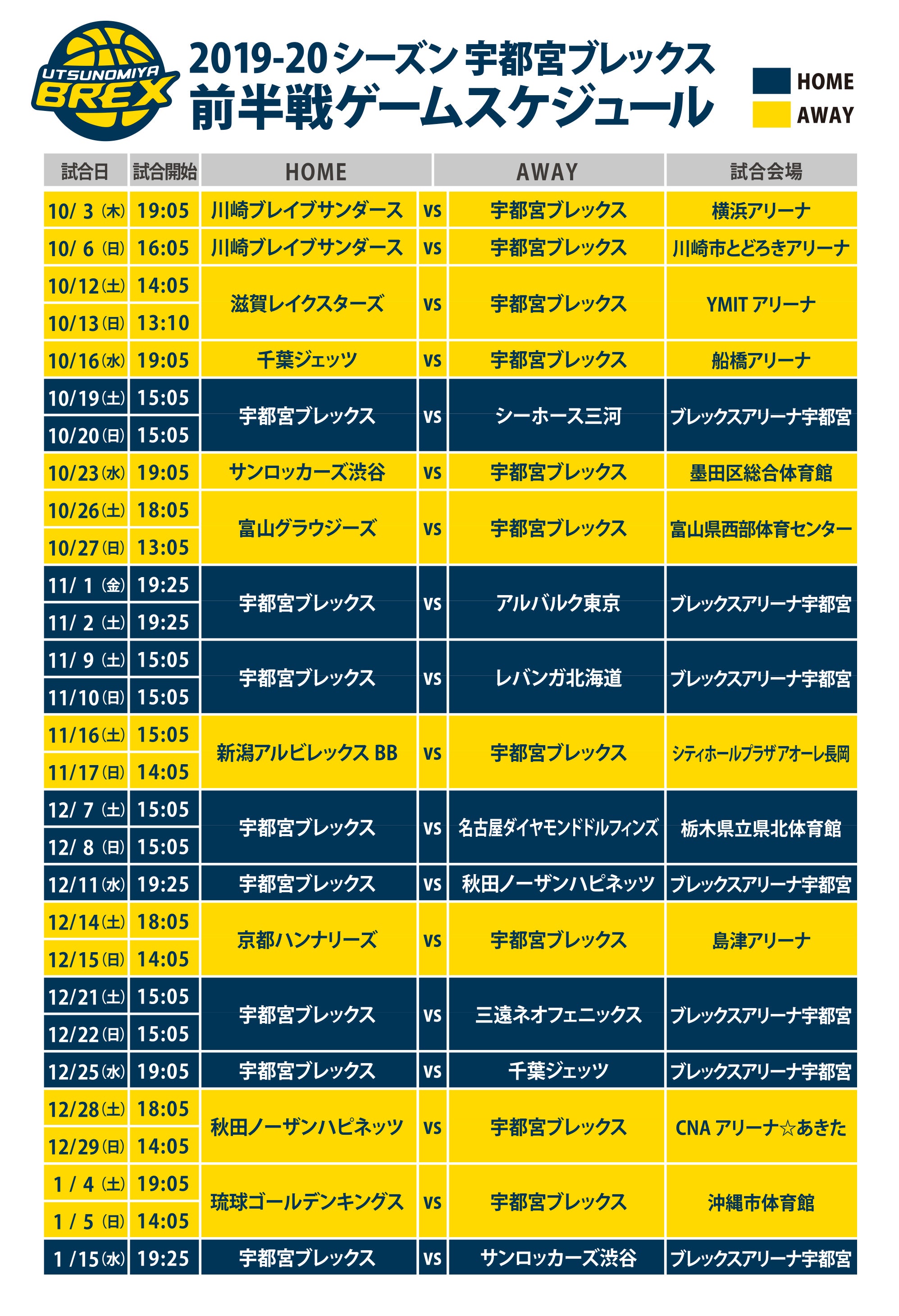 2019-20 シーズン 前半スケジュール