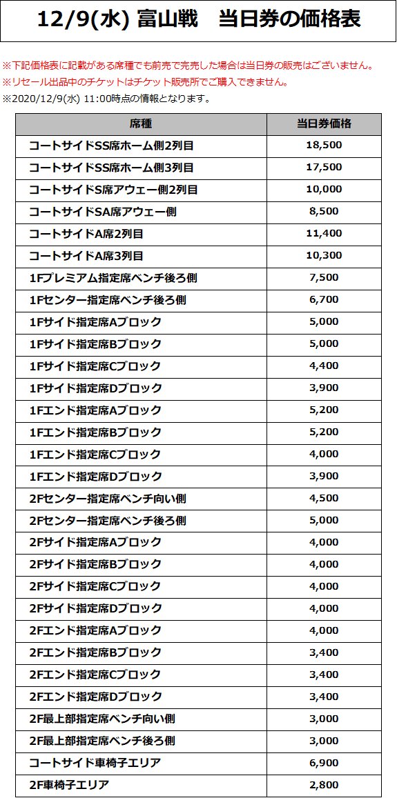 12/9(水) 富山戦 価格表