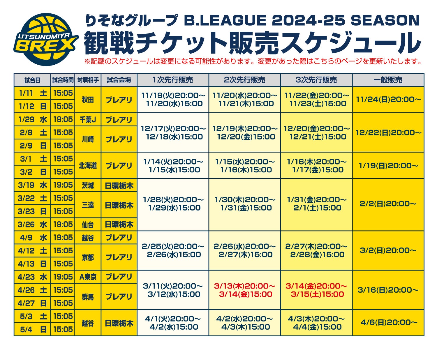 2024-25シーズン チケット販売スケジュール