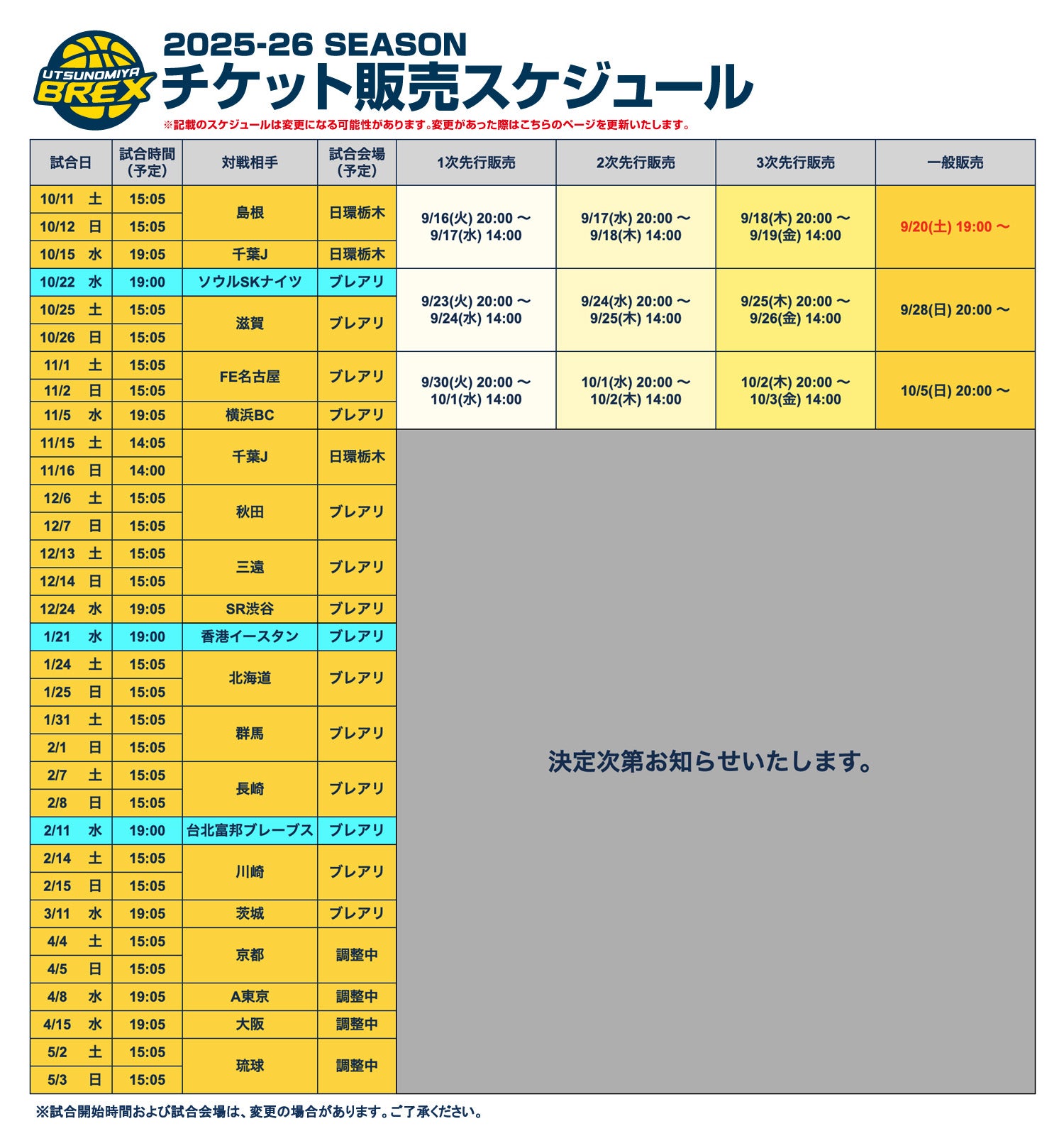2025-26シーズン チケット販売スケジュール