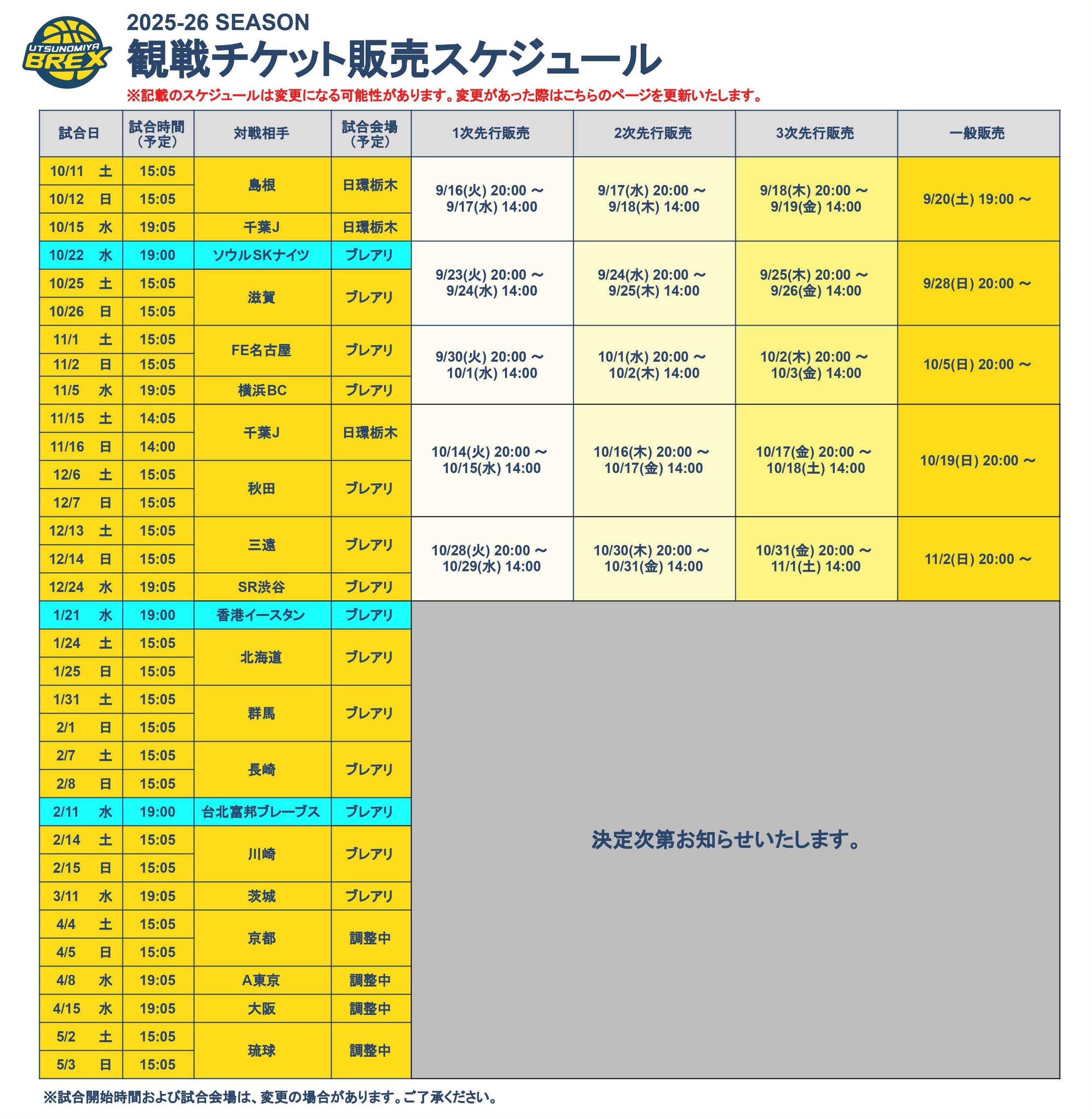 2025-26シーズン チケット販売スケジュール