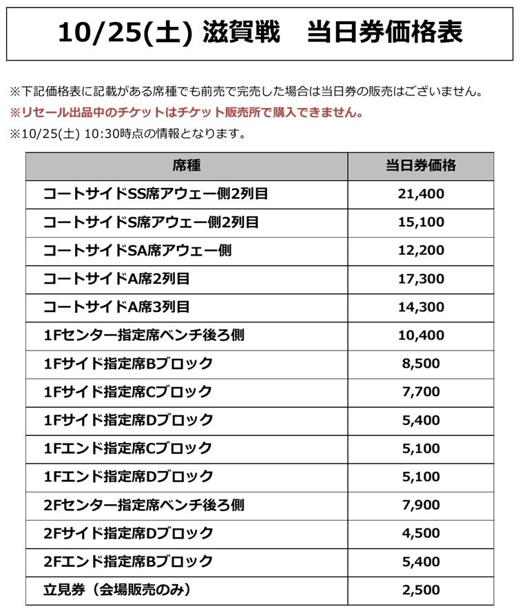 チケット】10/25(土) 滋賀戦 当日券価格決定 | 宇都宮ブレックス