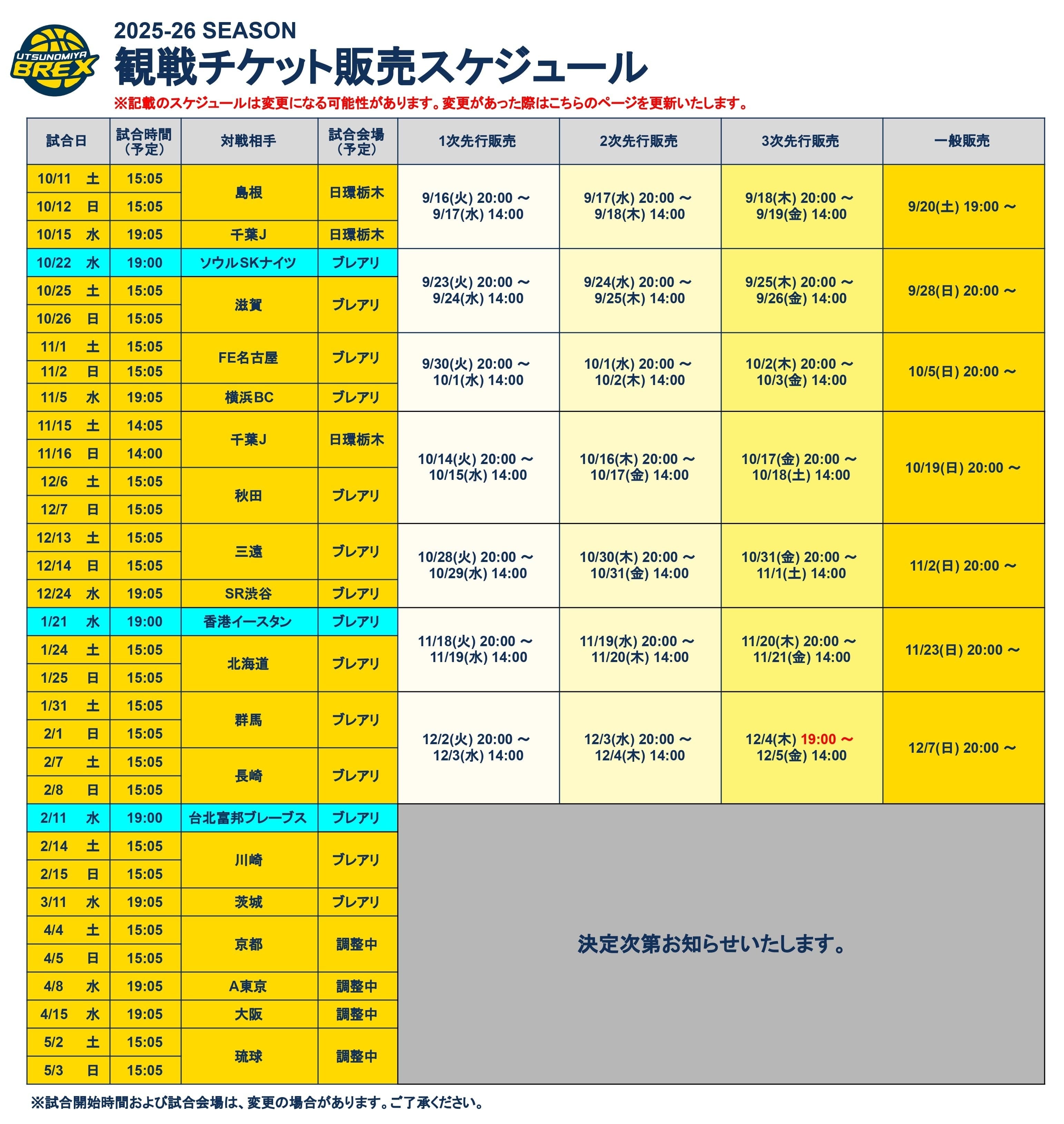2025-26シーズン チケット販売スケジュール